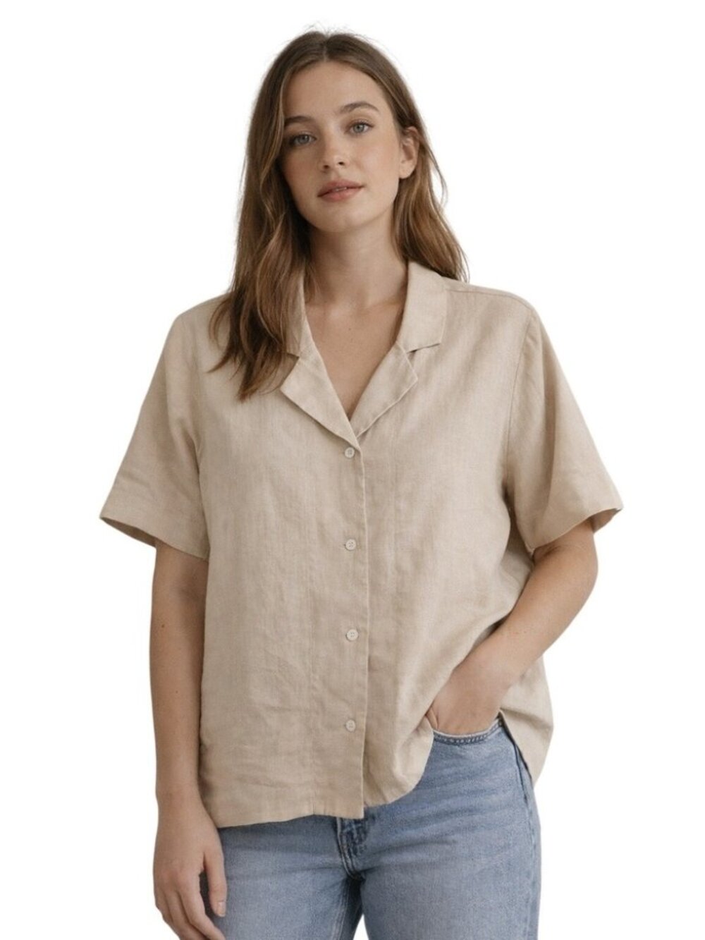 QUINCE 100% Linen Camp Shirt Minimalist Coastal resort wear top in Sand Size L